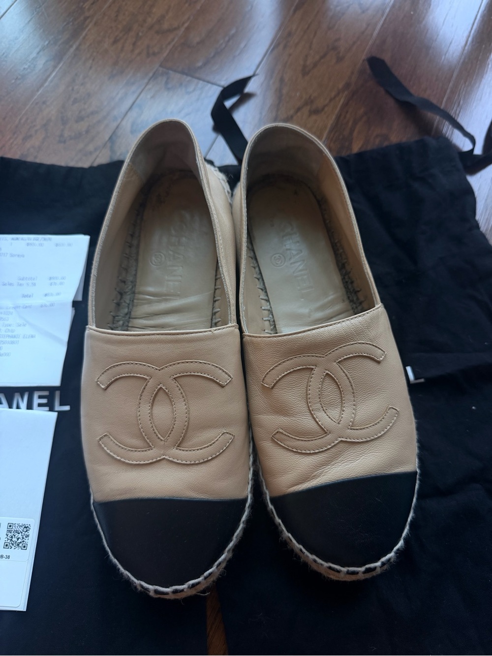 Chanel Beige and Black Leather Espadrilles